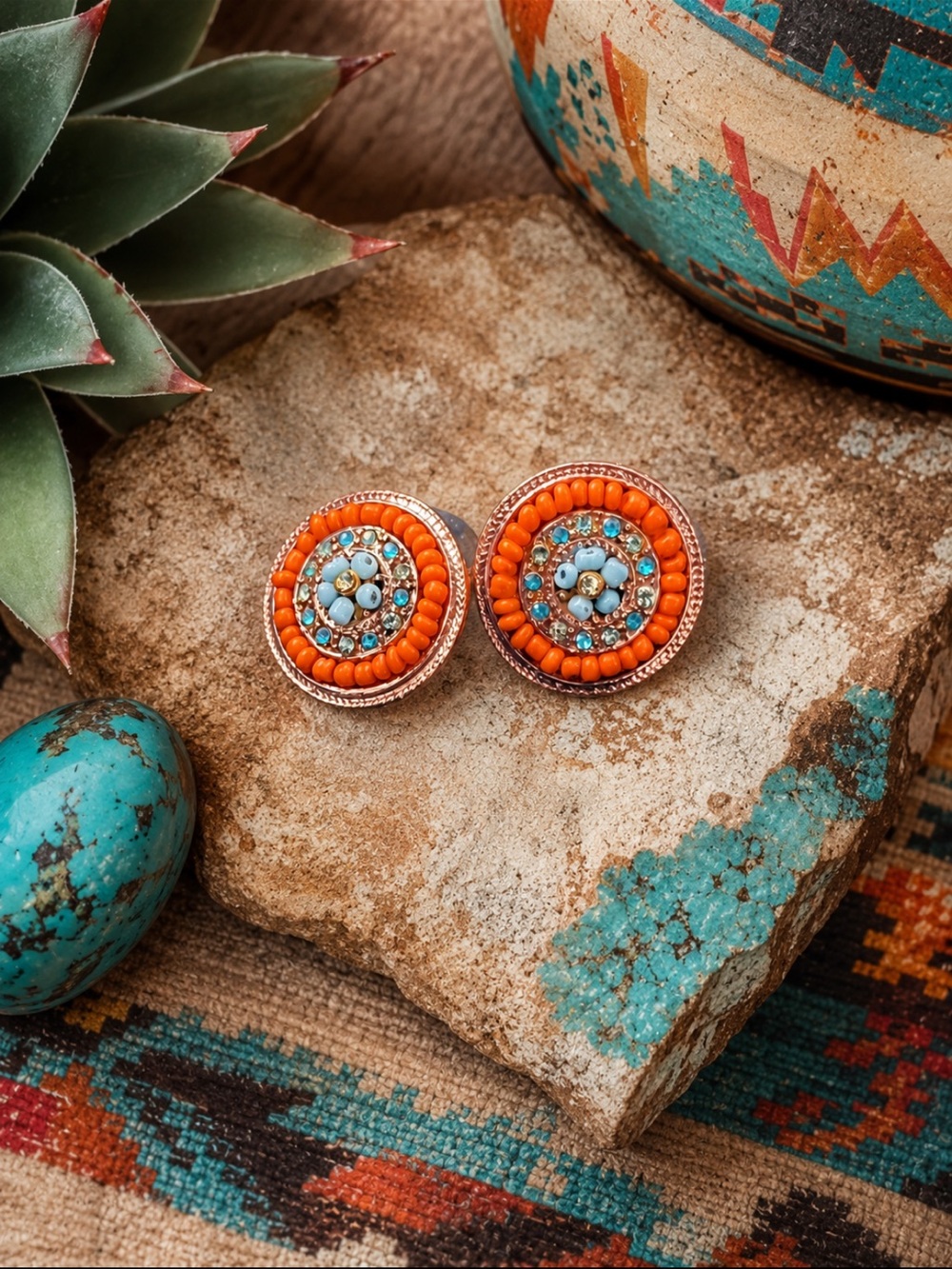 Vintage BEST Orange Turquoise Beaded Rhinestone Statement Stud Earrings
